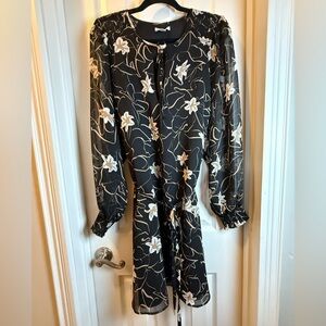 Office Siren Elizabeth & James Black Sheath w/Tie Dress w/ Sheer Bishop Sleeves